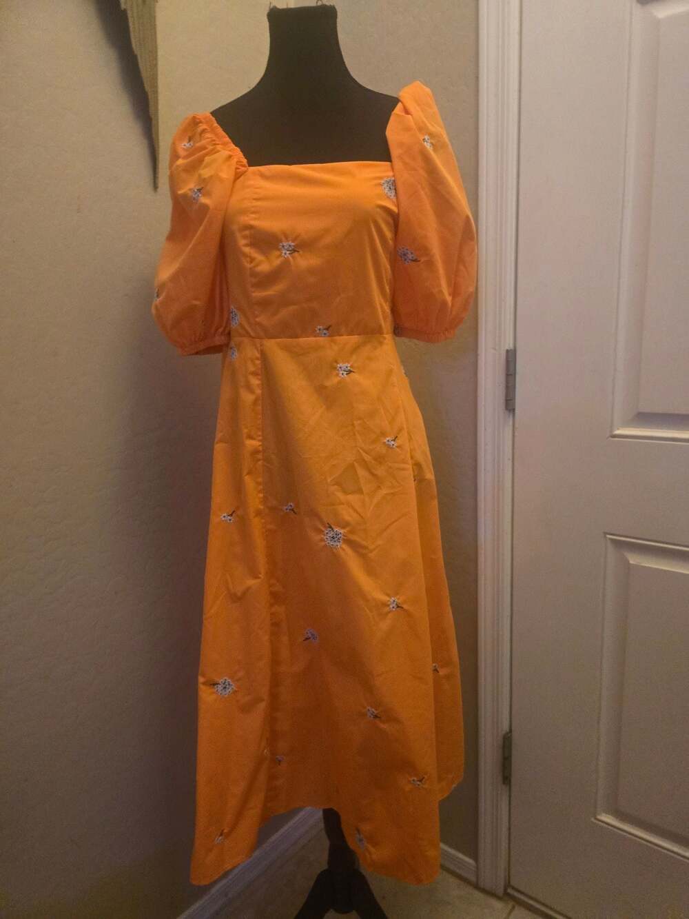 SHEIN Orange Puff Sleeve Floral Embroidered Midi Dress with Back Tie